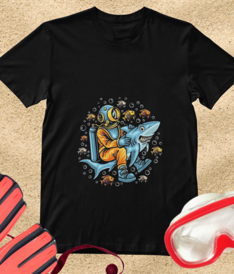 Camiseta Aqualander Mergulhador e Tubarão